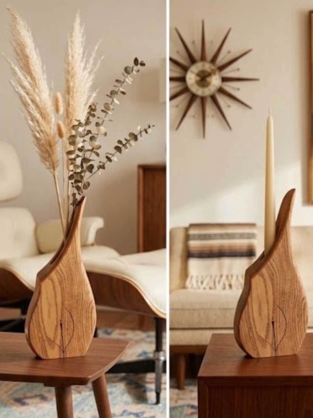 Vintage MCM Sculptural Solid Wood Bud Vase Candle Holder Organic Modern 12"